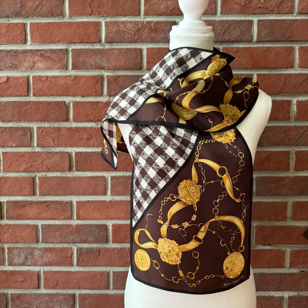 •Jones New Your Silk Graphic Print Signed Scarf 10”x52” NWOT